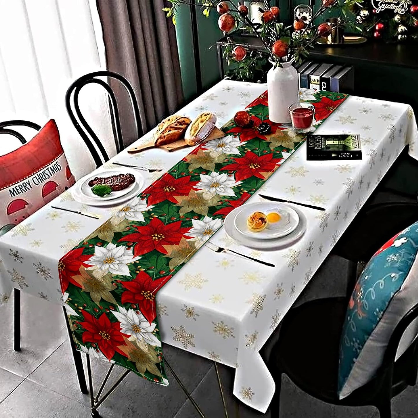 Seasonal Elegance: PROCIDA Red and Gold Poinsettia Table Runner - 13x72 Inch Xmas Winter Burlap Table Runner for Holiday Kitchen, Dining, and Party Decor, Indoor and Outdoor
