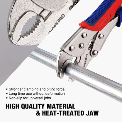 WORKPRO 3-Piece Locking Pliers Set: Includes 10-inch Curved Jaw, 7-inch Curved Jaw, and 6-1/2-inch Straight Jaw Pliers