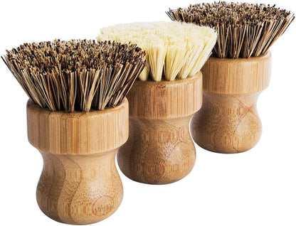 Bamboo Round Palm Pot Brush 3-Pack: Natural and Durable Mini Dish Brushes for Gentle Cleaning of Pots, Pans, and Vegetables