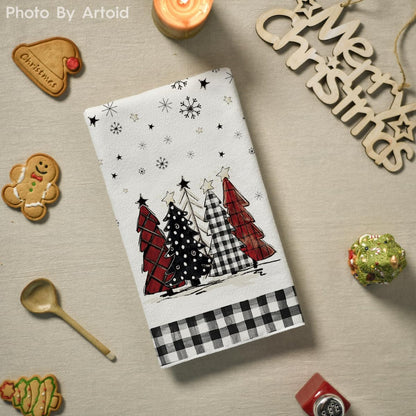 Festive Buffalo Plaid Merry Christmas Kitchen Towels: 18x26 Inch Seasonal Winter Decor with Xmas Trees and Star Design - Set of 2 Dish Towels