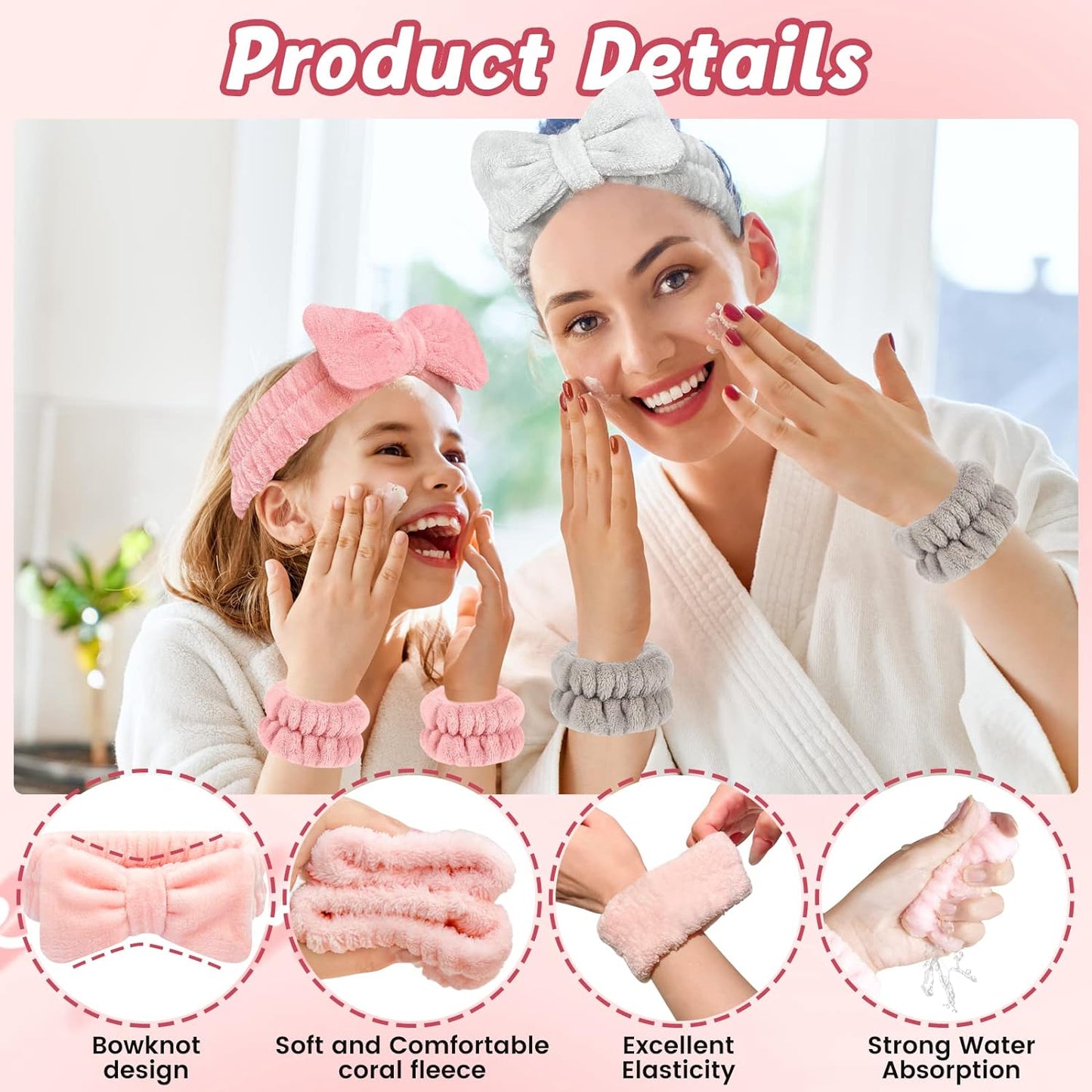 mjyphdm 9-Piece Pink Headbands and Wristband Set: Microfiber Hairbands and Wrist Towels for Face Washing, Bath, Makeup, and Fitness - Soft, Stretchy, and Durable (3 Pairs)