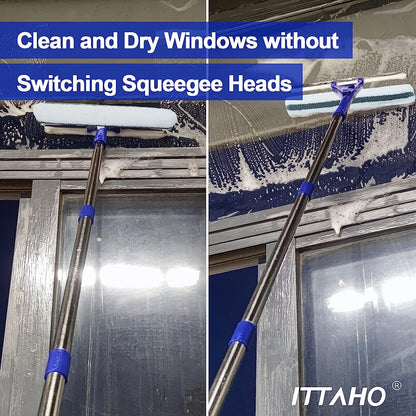 ProShine All-Purpose Window Squeegee - 12" Blade with 58" Stainless Steel Long Handle - Includes 2 Microfiber Scrubber Sleeves - Ideal for Window Cleaning, Car Windows, and Hard-to-Reach Areas