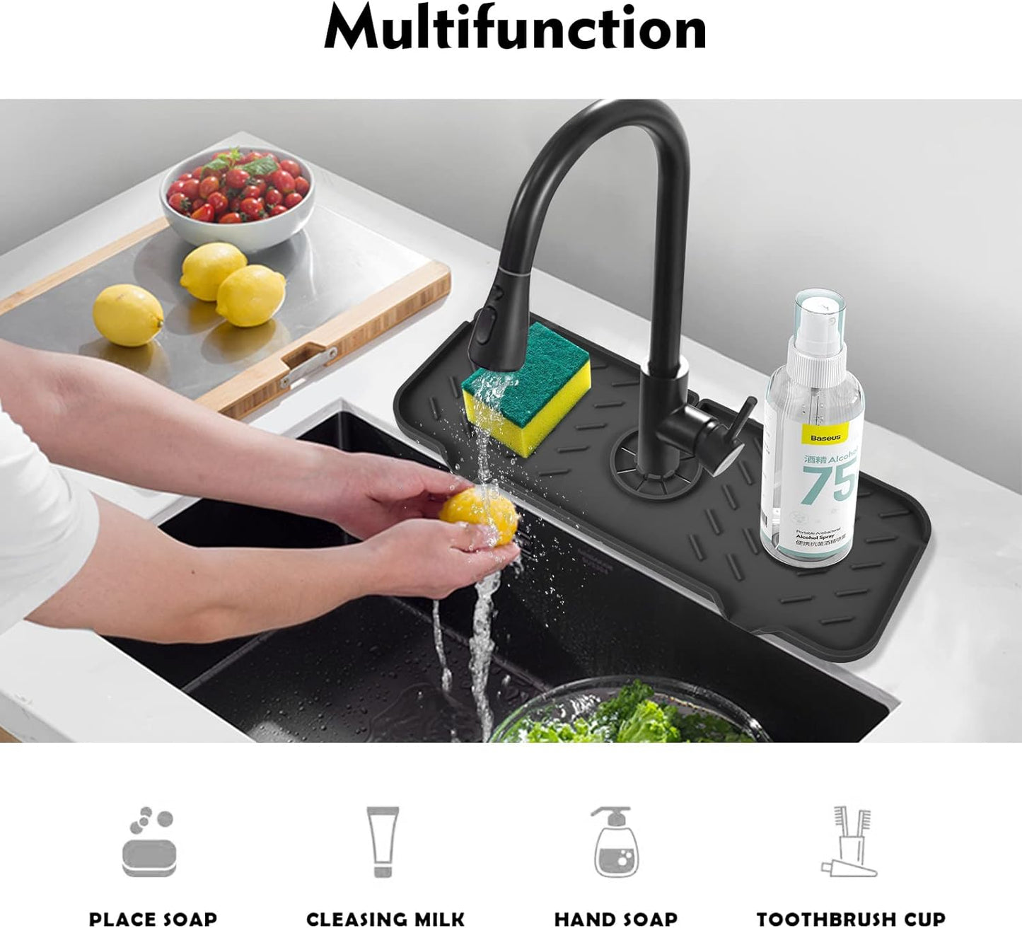 Kitchen Silicone Faucet Mat, Sink Splash Guard, Bathroom Faucet Water Catcher Mat - VENMATE Keep Drying Kitchen Accessories (Black, 14.6" x 5.5")