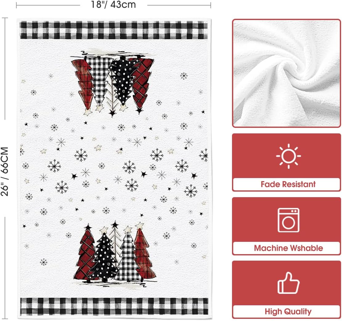 Festive Buffalo Plaid Merry Christmas Kitchen Towels: 18x26 Inch Seasonal Winter Decor with Xmas Trees and Star Design - Set of 2 Dish Towels