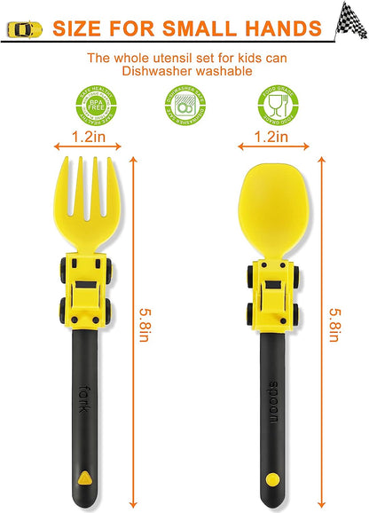 Construction Toddler Utensils Set - Toddler Forks and Spoons - Kids Spoon and Fork Set - Suitable for Baby and Toddlers - Portable Utensils Set for 1-5 Year Olds - Yellow