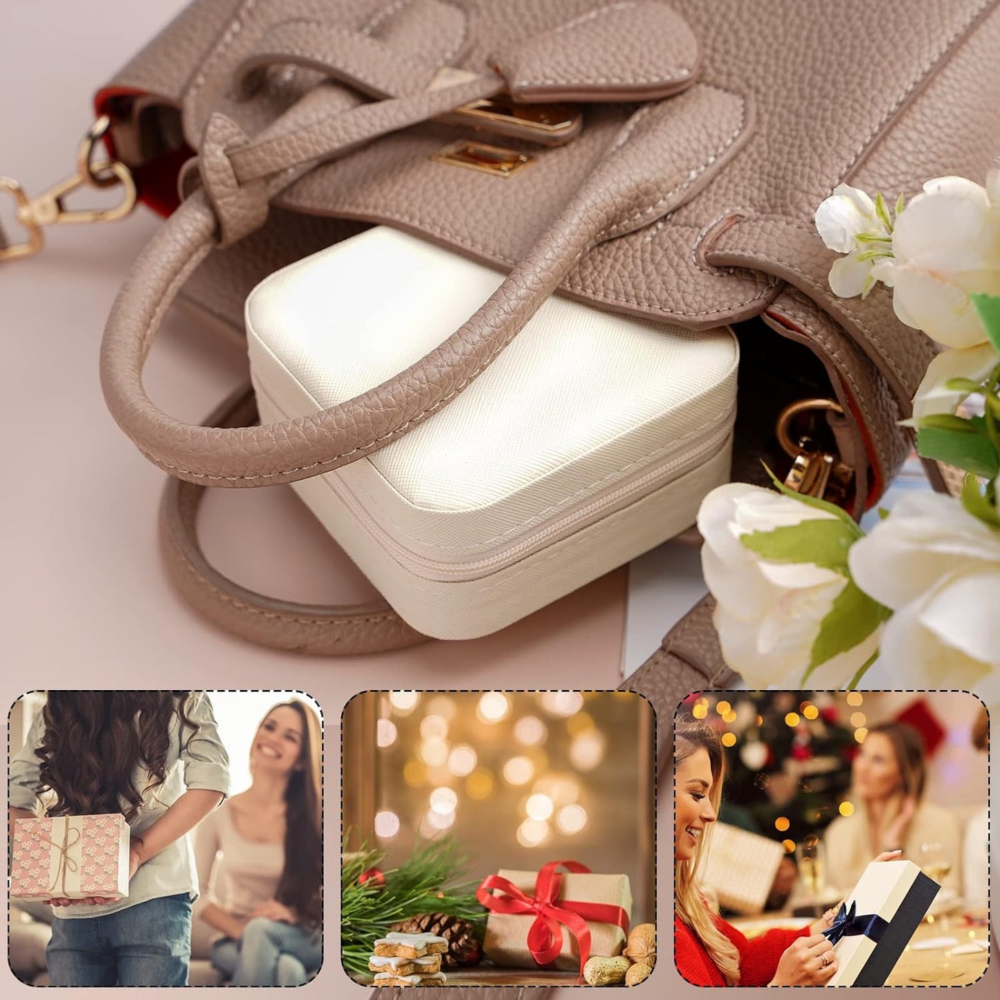 Portable Travel Mini Jewelry Box: Leather Jewellery Ring Organizer Case in Elegant White - A Stylish Storage Gift Box for Girls and Women