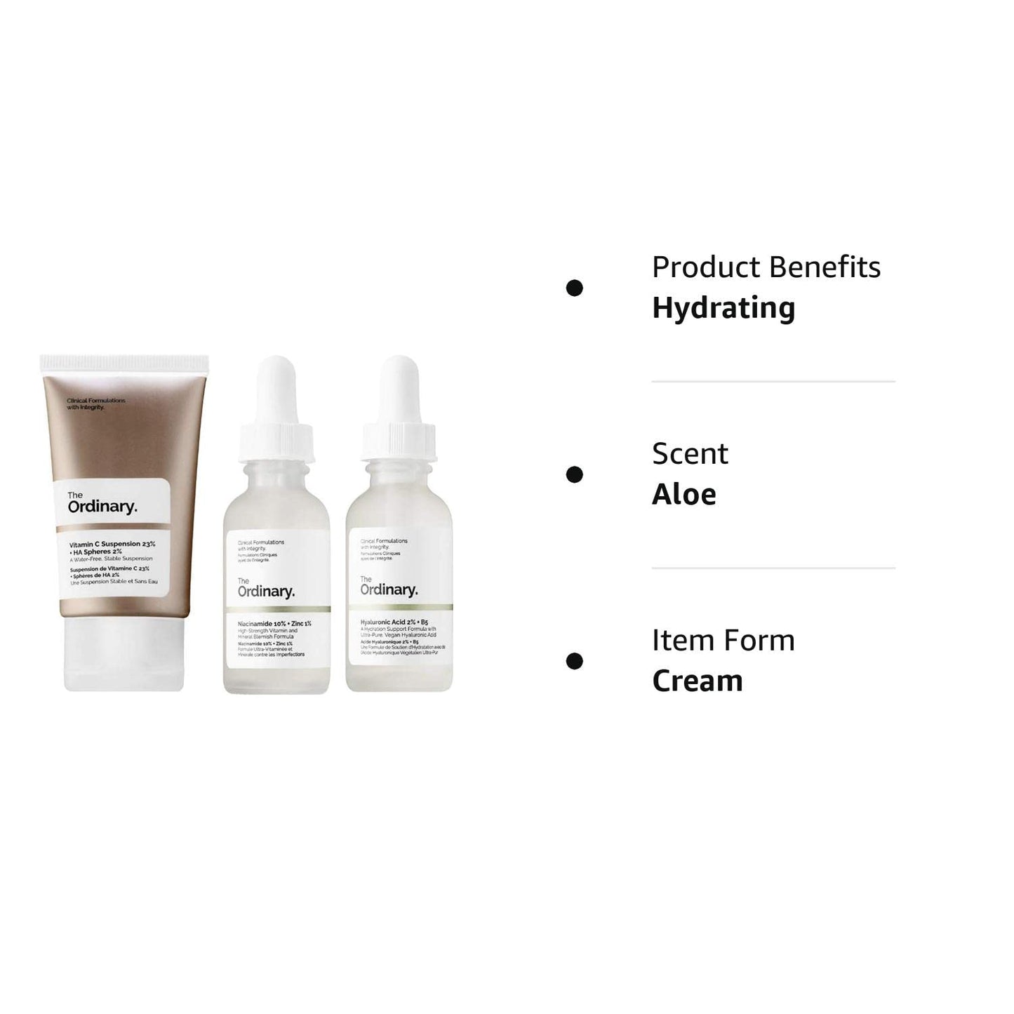 The Ordinary Facial Treatment Set: Vitamin C Cream, Hyaluronic Acid Serum, and Niacinamide Serum for Brightening, Hydration, and Blemish Reduction! Vegan, Paraben-Free, and Cruelty-Free!